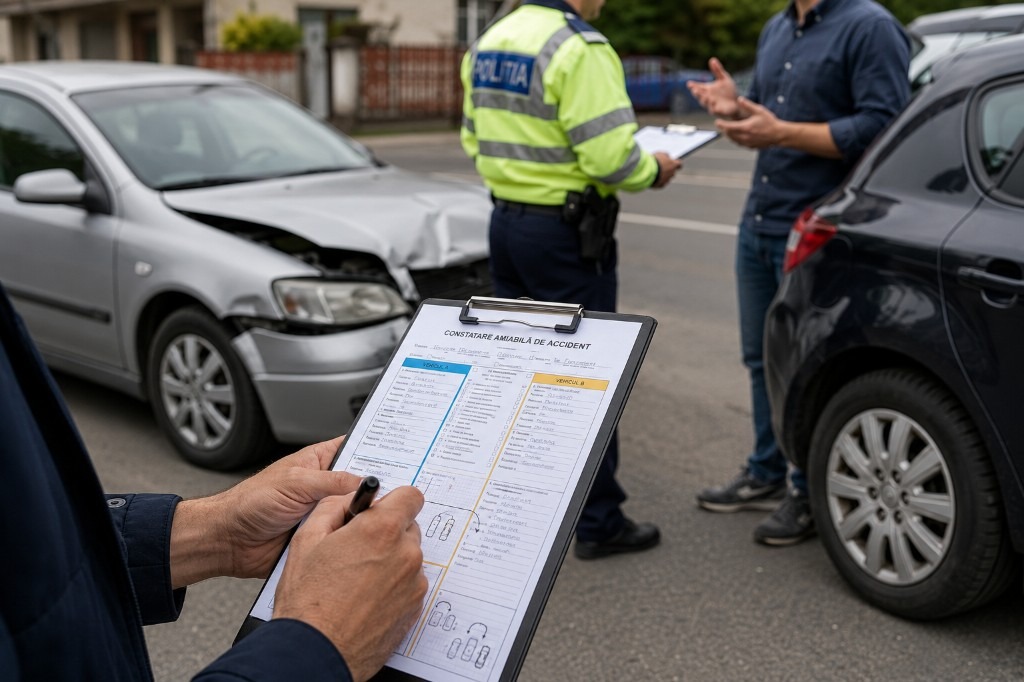 Polițist verifică documentele după un accident rutier între două mașini