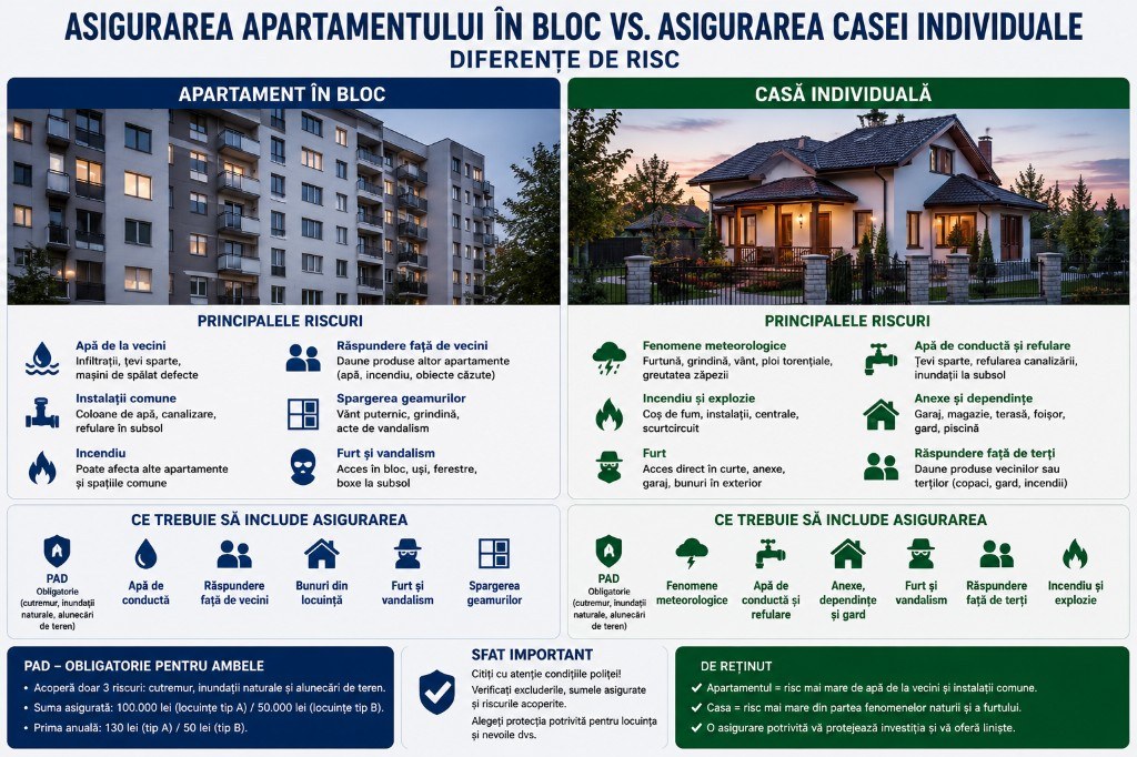 Asigurarea apartamentului în bloc vs. asigurarea casei individuale — diferențe de risc