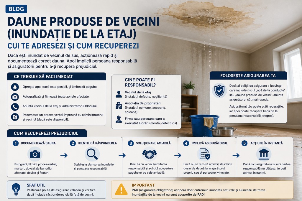 Daune produse de vecini: inundație de la etaj — cui te adresezi și cum recuperezi