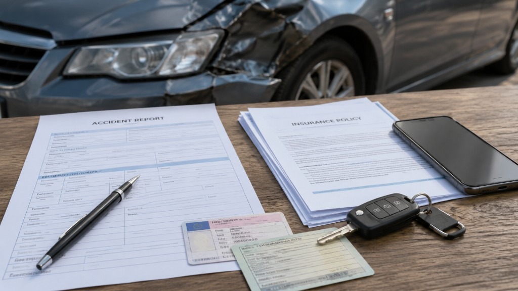 Documente de asigurare și chei auto pe masă în fața unei mașini avariate