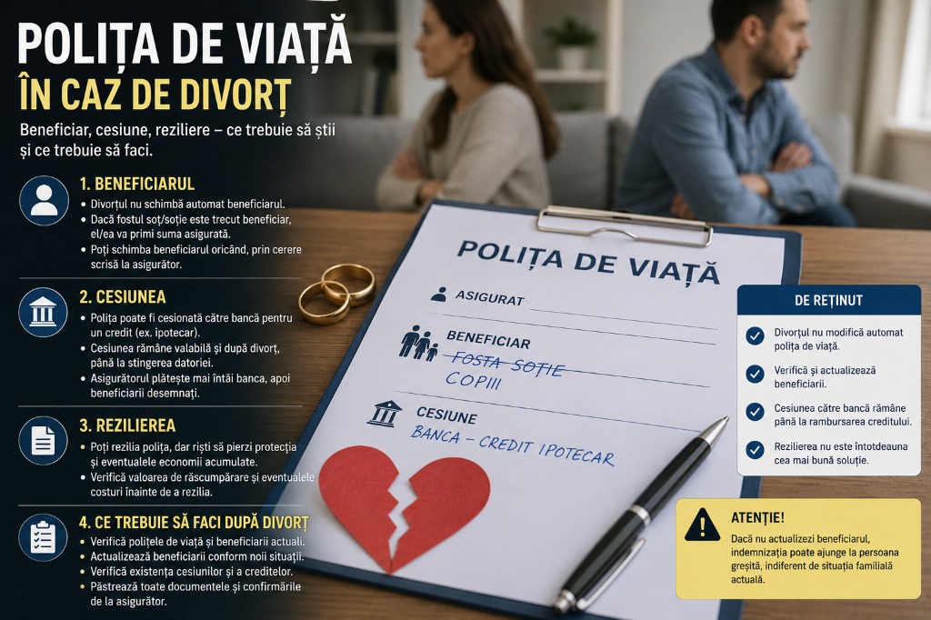 Ce se întâmplă cu polița de viață în caz de divorț — beneficiar, cesiune, reziliere